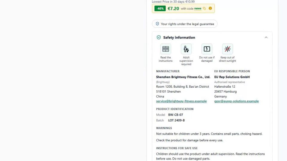 Under the add to cart button the customer sees the Safety information section: pictograms, manufacturer and EU responsible person, identification, warnings and documents