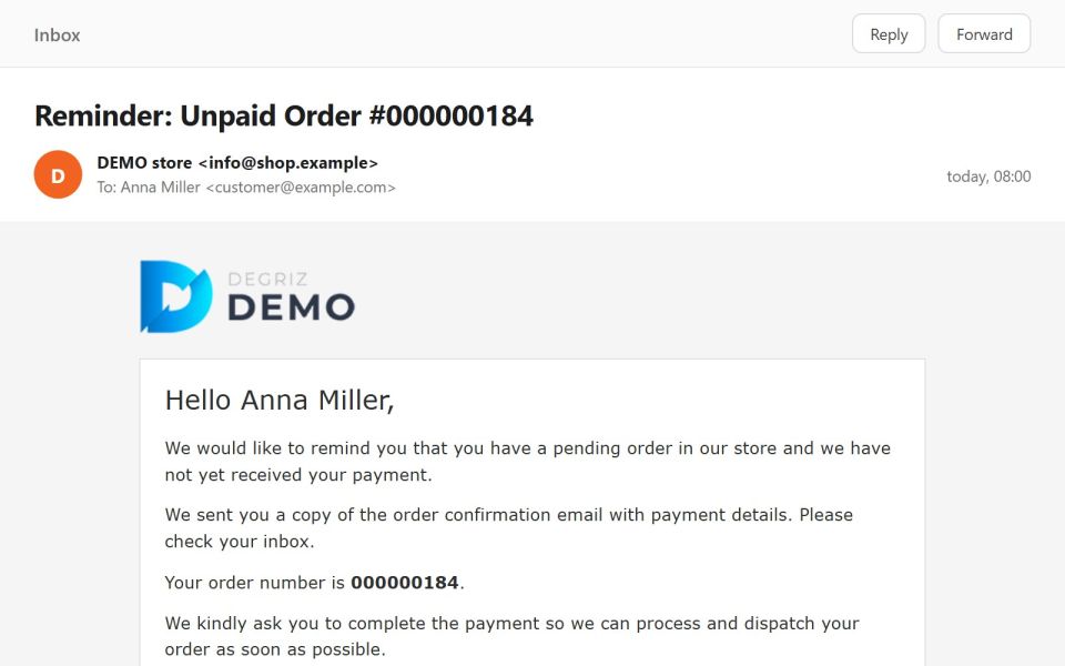 The unpaid order reminder the customer gets by e-mail, with a link to cancel