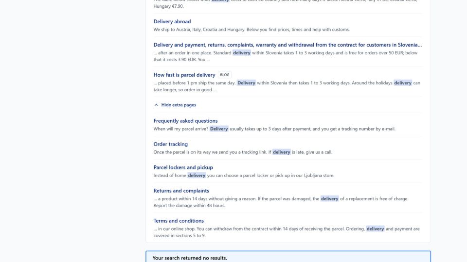 The shopper searches for "delivery": above the no-products message they get your pages with an excerpt and the term highlighted, and open the rest with "Show all"