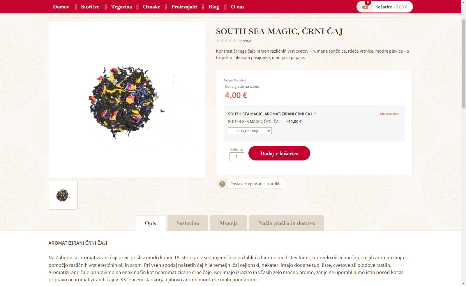 Stari most: Product page with information in extra tabs