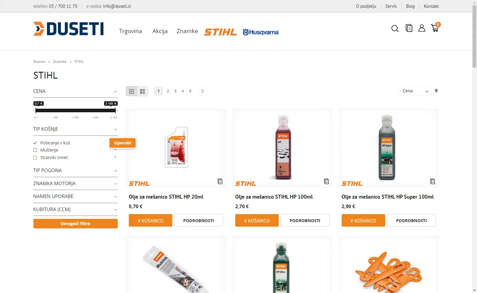 Duseti: Brand page with filtering