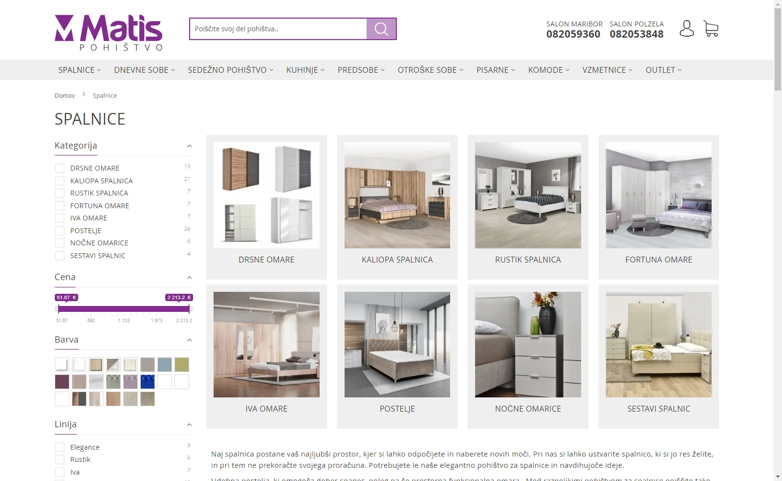 Matis pohištvo: Filters and subcategories on the category page