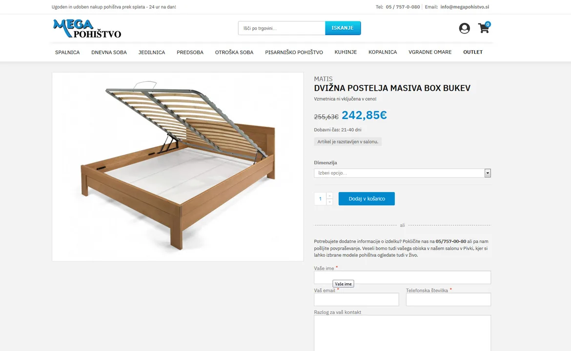 Megapohištvo: Product page with an inquiry option