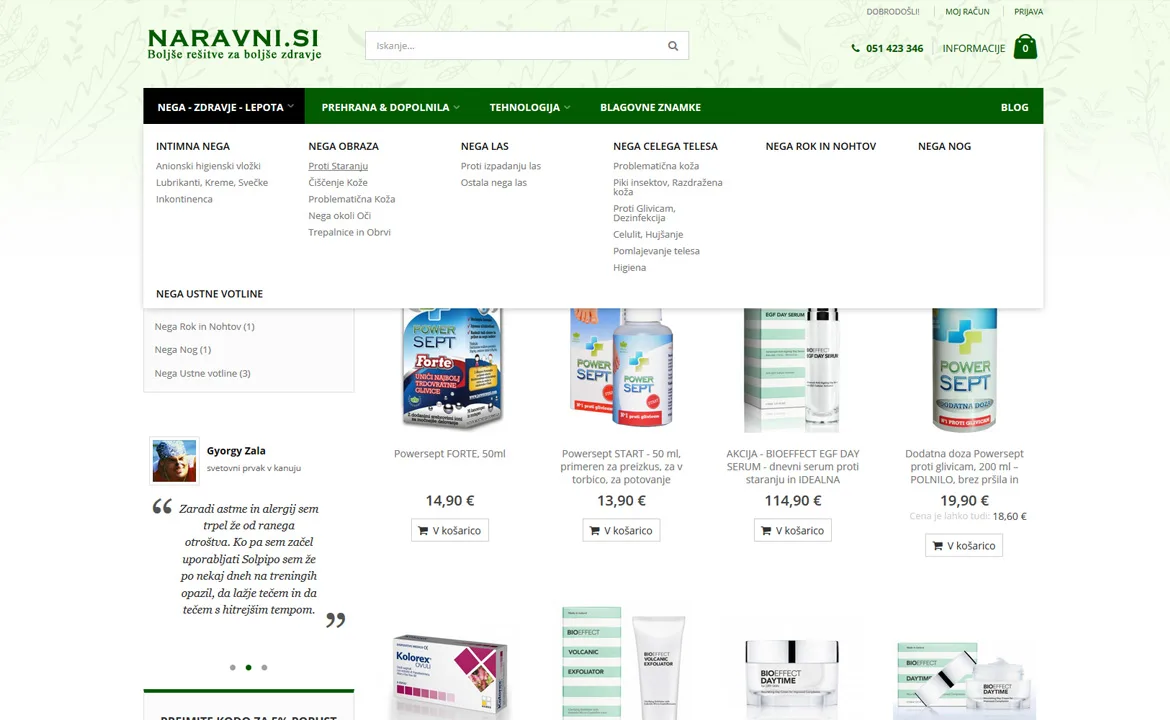 Naravni.si: Categories and expanded menu