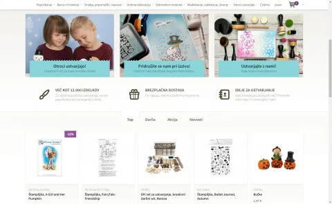 Naslovnica spletne trgovine z izpostavljenimi artikli in oglasi