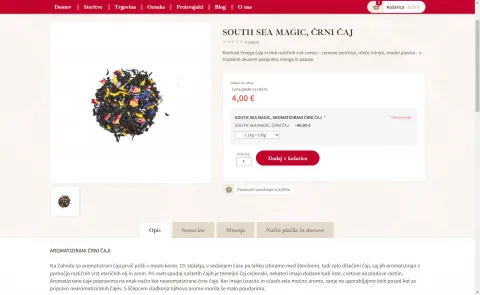 Produktna stran z informacijami v dodatnimi zavihki