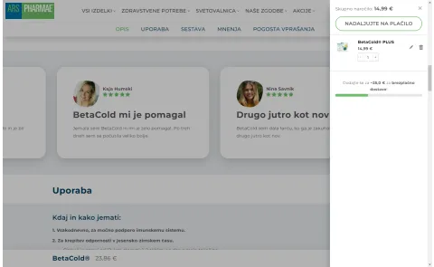Prikaz dodajanja v košarico