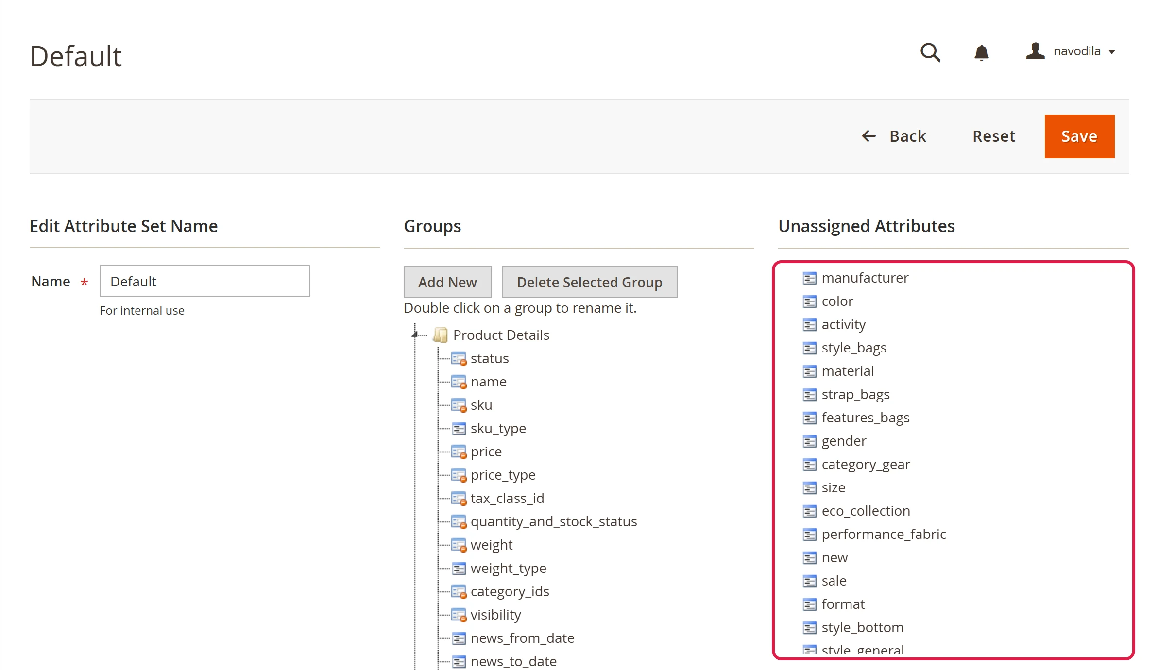 Editing an attribute set with the Groups and Unassigned Attributes columns