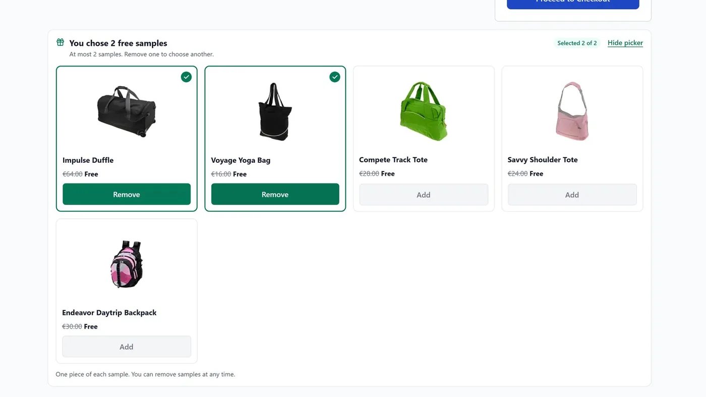 The free sample picker in the cart with two samples chosen