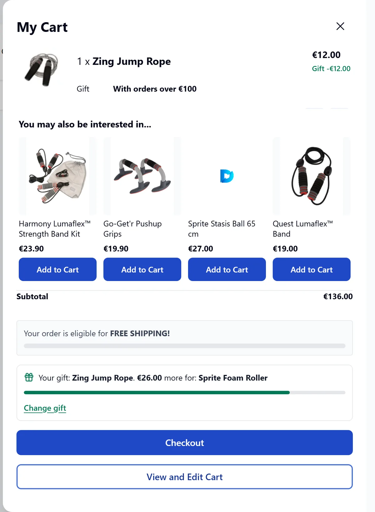 Cart drawer on a Hyvä theme with the gift, progress towards the next tier and the Change gift link