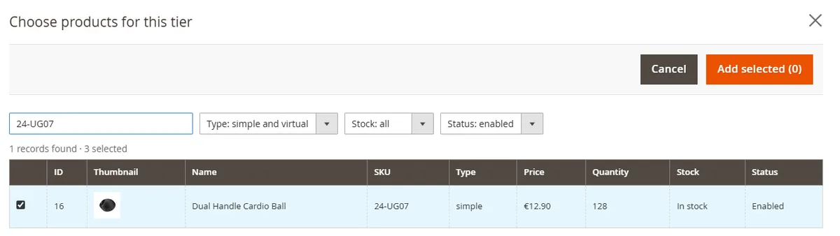 Product picker for a tier with search by SKU, filters for type, stock and status and the product list