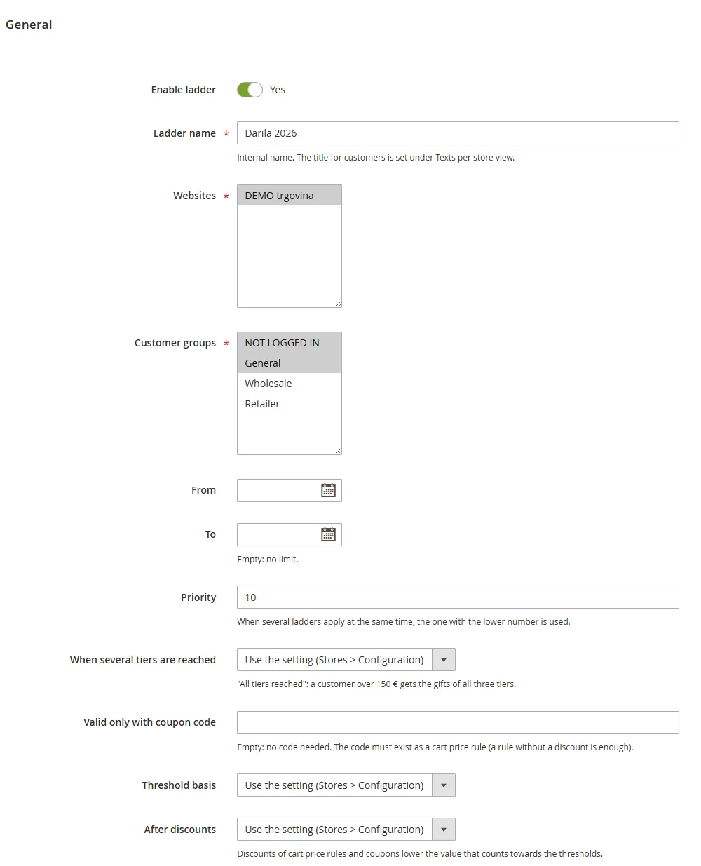 General section of a ladder: name, websites, customer groups, dates, priority, stacking, coupon code and threshold basis