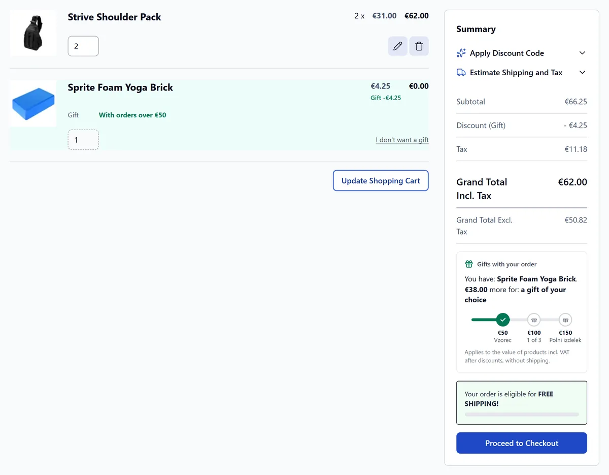 Cart with the gift as its own line with regular price, Gift discount and I don't want a gift link, and the progress bar in the summary