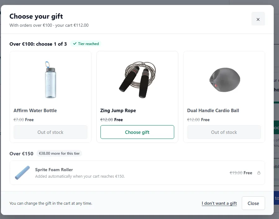 Gift picker with two gifts marked Out of stock and a third that can be chosen