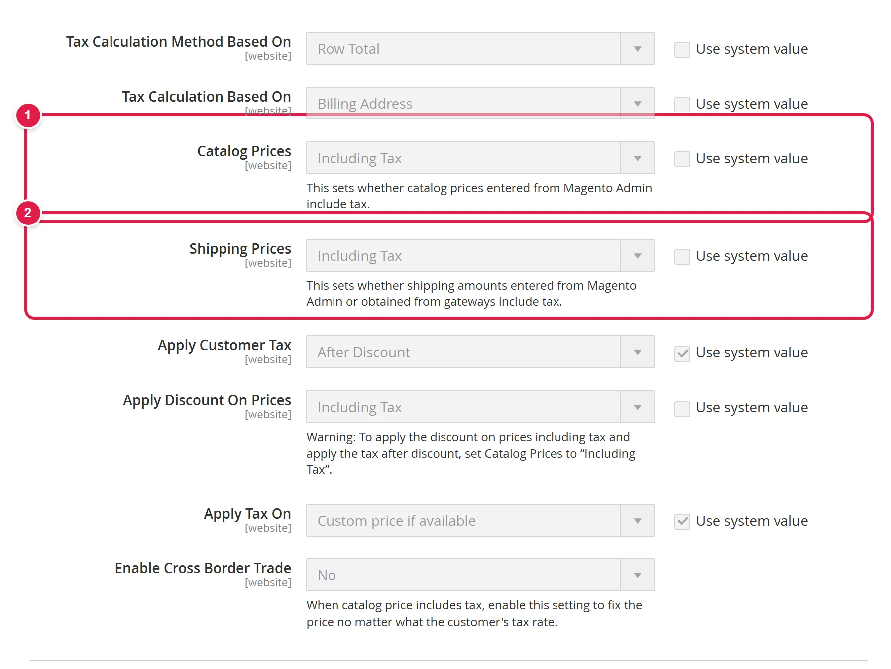 Tax calculation settings
