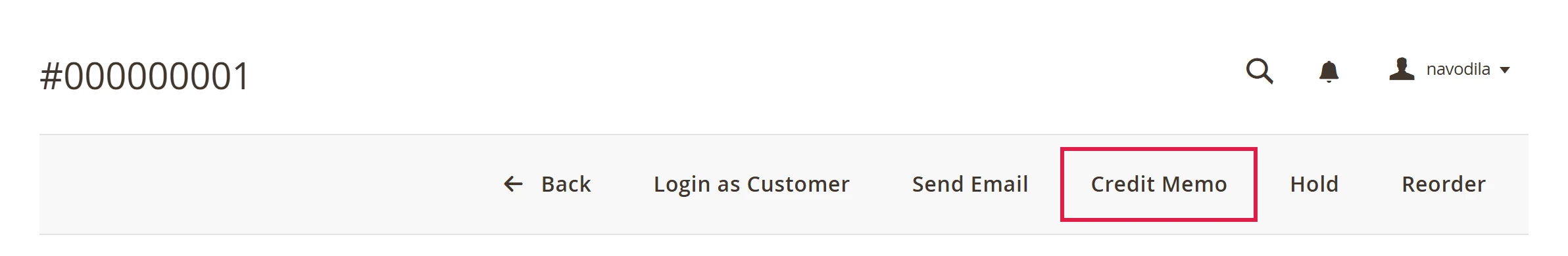 Button bar of an invoiced order with the Credit Memo button highlighted