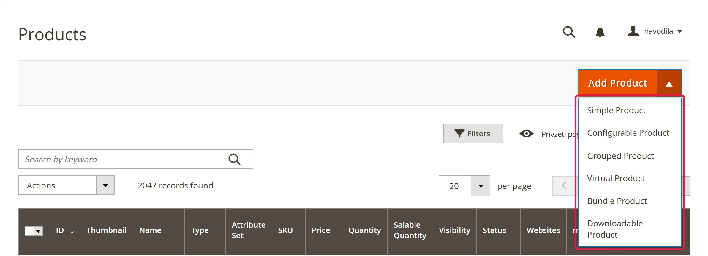 Open menu of the Add Product button with the product types