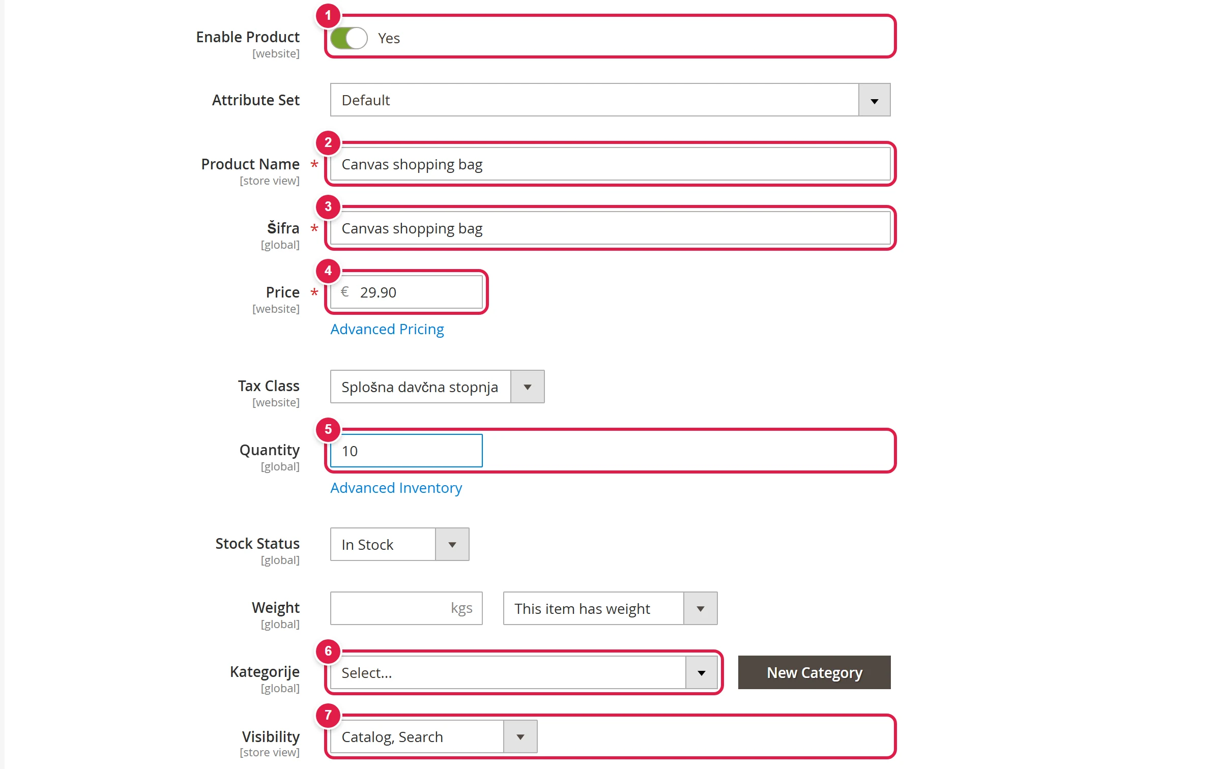 Basic fields of a new product