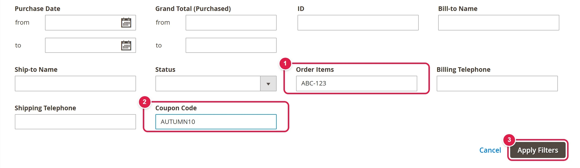 Filters above the order grid with the Order Items and Coupon Code fields and the Apply Filters button