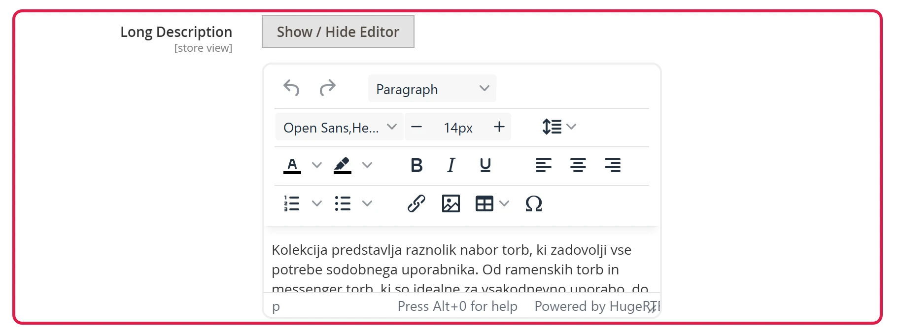 Long Description field in the Content section of the category page in the admin