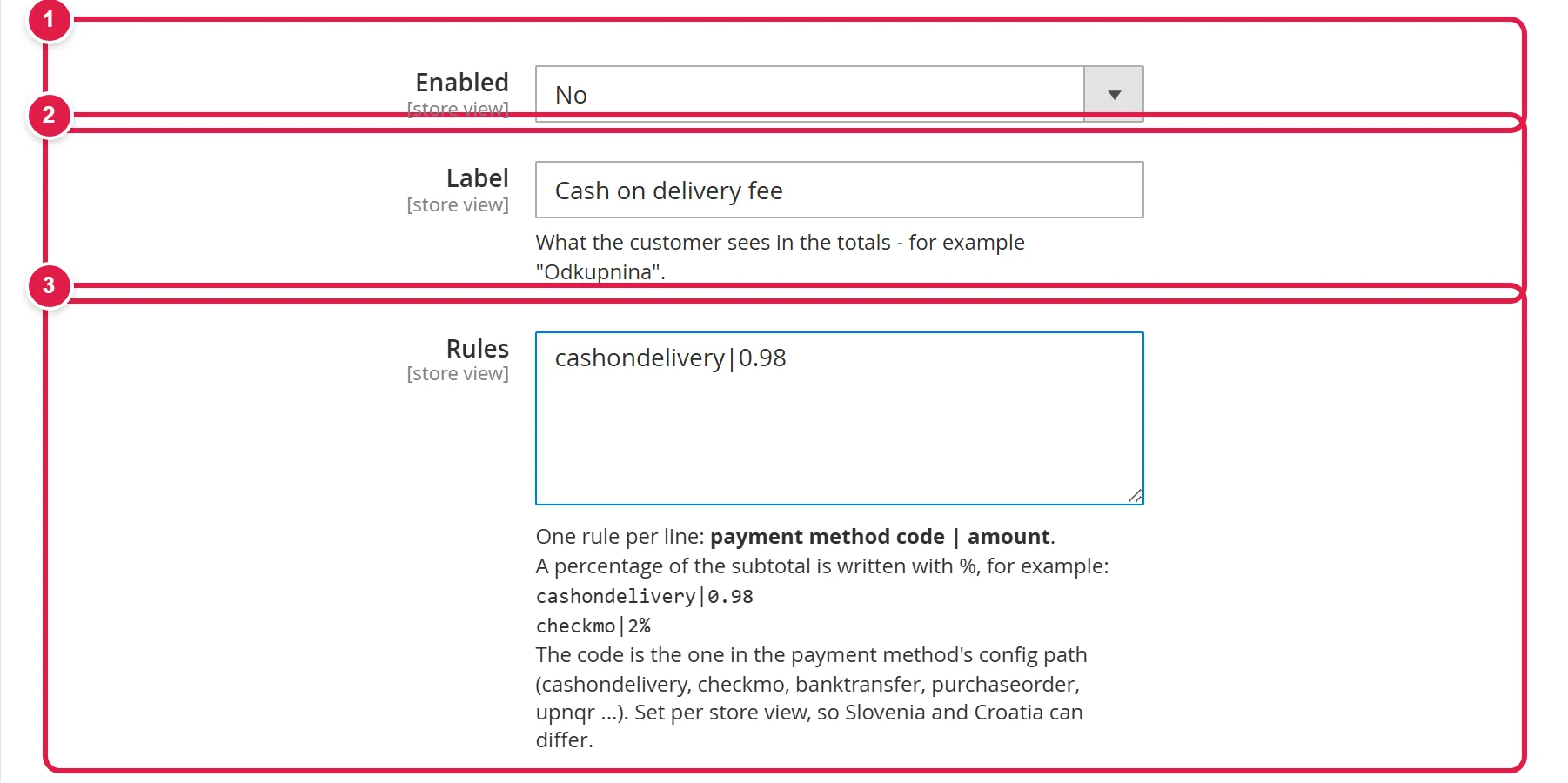 Surcharge per payment method settings with the Label and Rules fields
