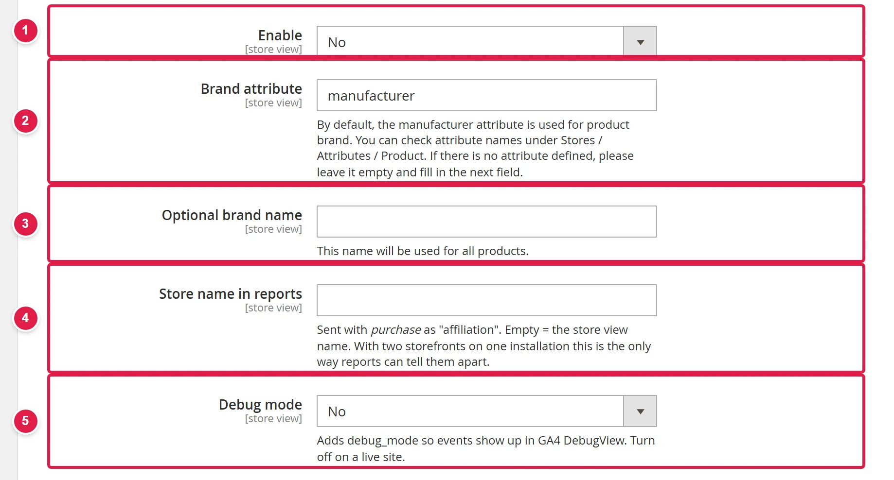General settings of the Google data layer for GA4 with the fields you can set yourself