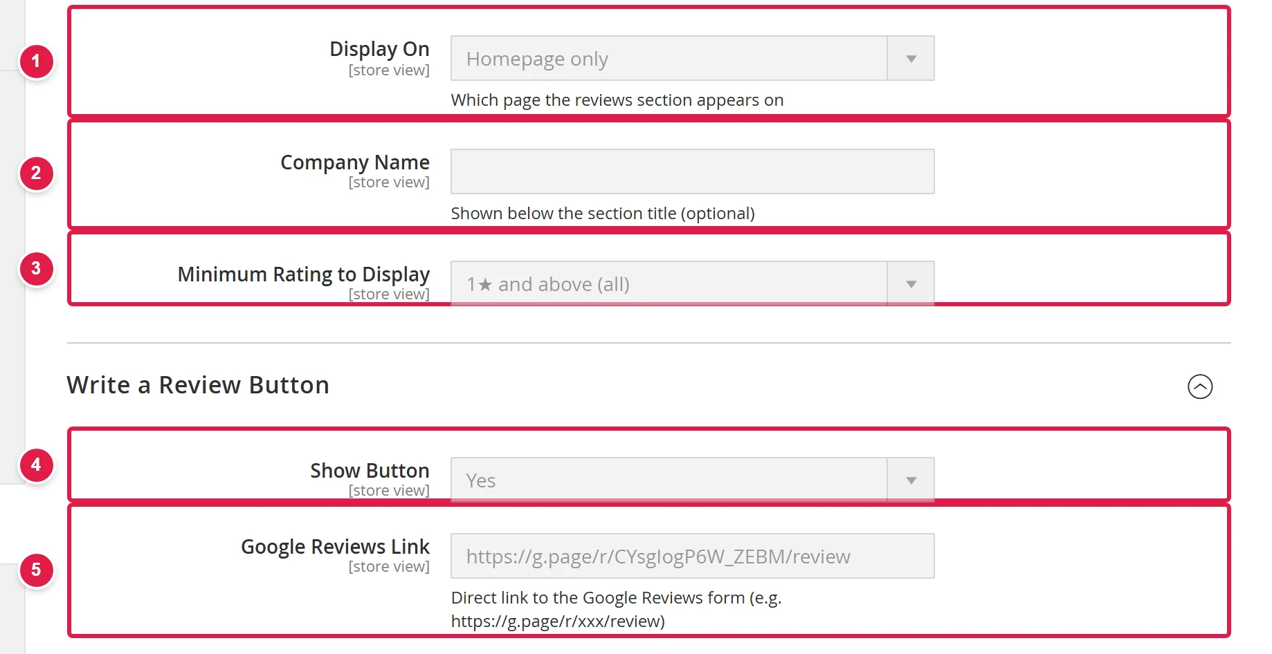 Google reviews display settings: Display On, Company Name, Minimum Rating to Display, Show Button and Google Reviews Link