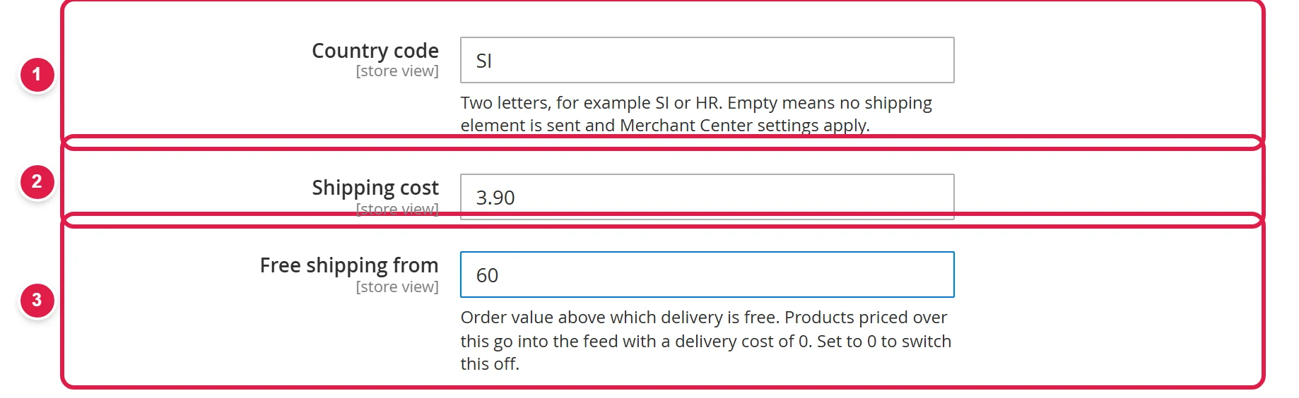 The Shipping group with the country code, shipping cost and free shipping threshold