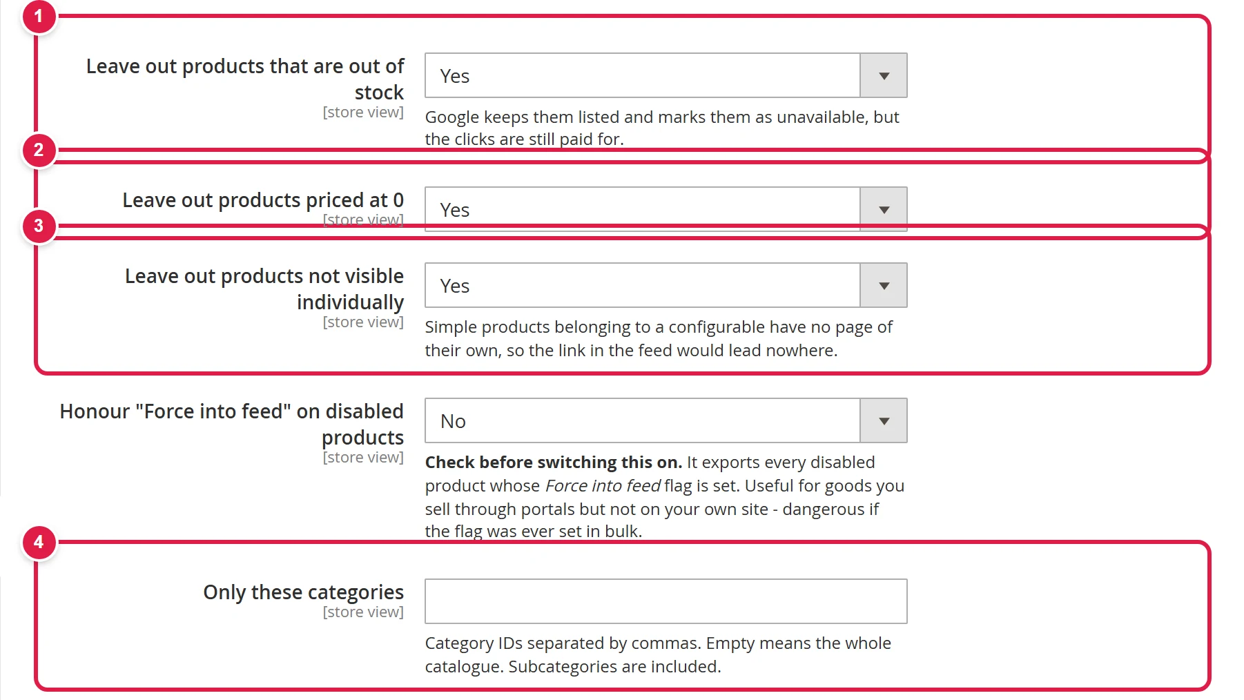 The Which products go in group with four settings