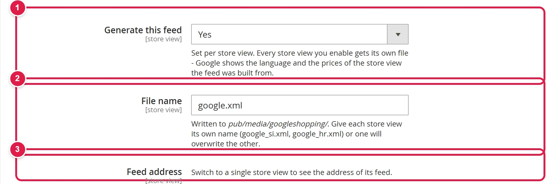 The General group in the Google Shopping feed configuration