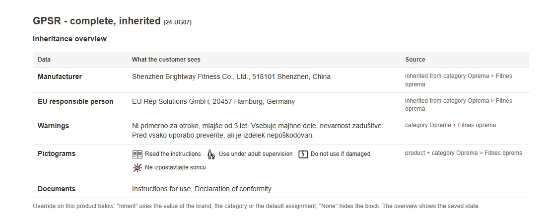 The inheritance overview on a product: manufacturer and responsible person inherited from the category, warnings, pictograms and documents