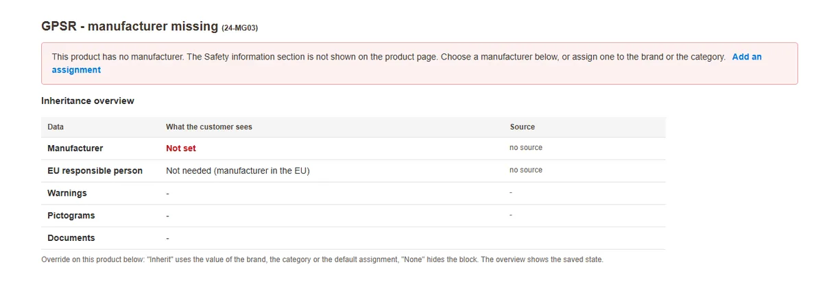 The GPSR group of a product without a manufacturer with a red warning and the Add an assignment link