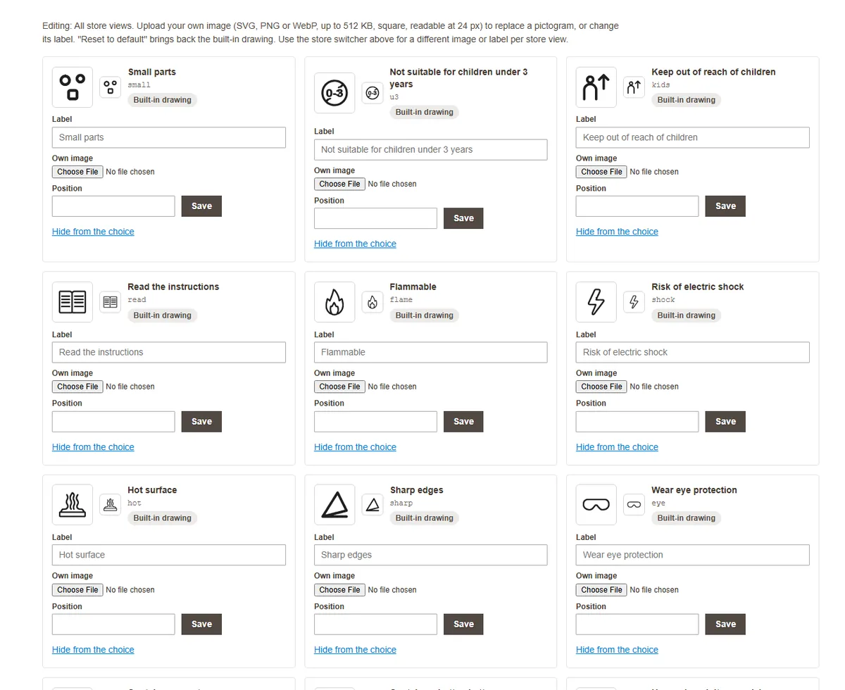 The Pictograms page with cards: the pictogram in two sizes, label, own image and the Save button
