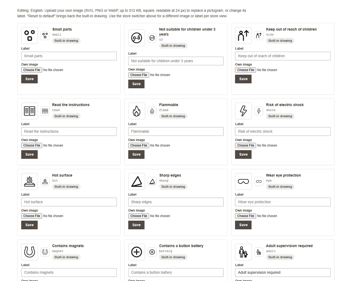 Pictograms for the English store view with an own label and the Reset to default link