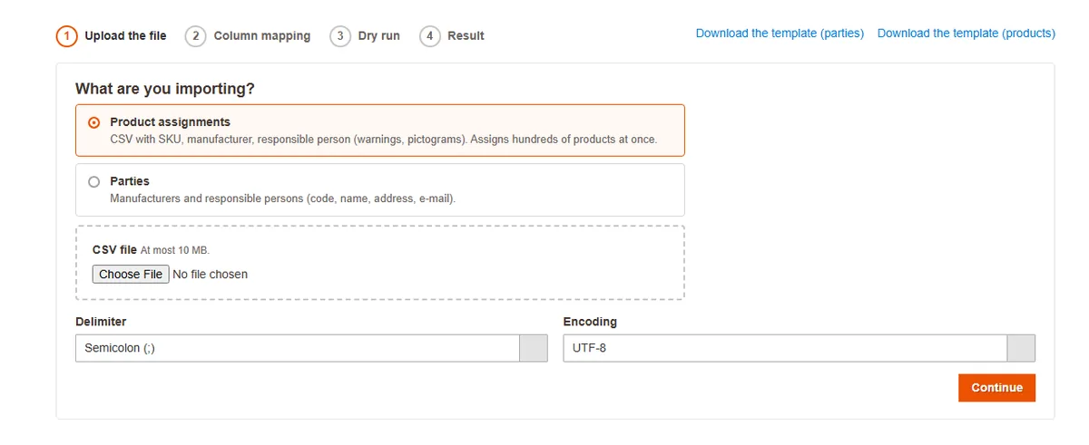 The first import step: kind of import, file, delimiter and encoding