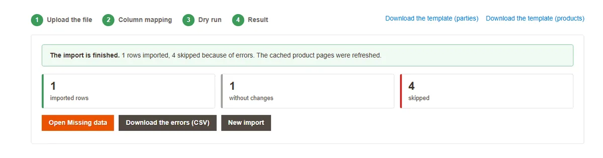 The import result: imported rows, rows without changes and skipped rows