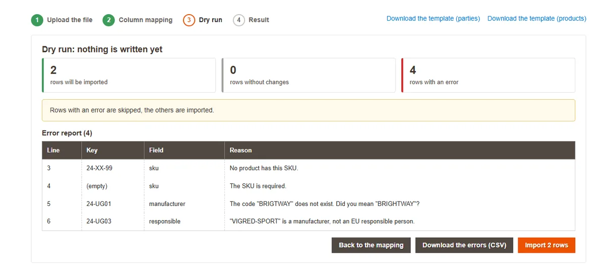 Dry run: two rows to import, four with an error and the error report with reasons