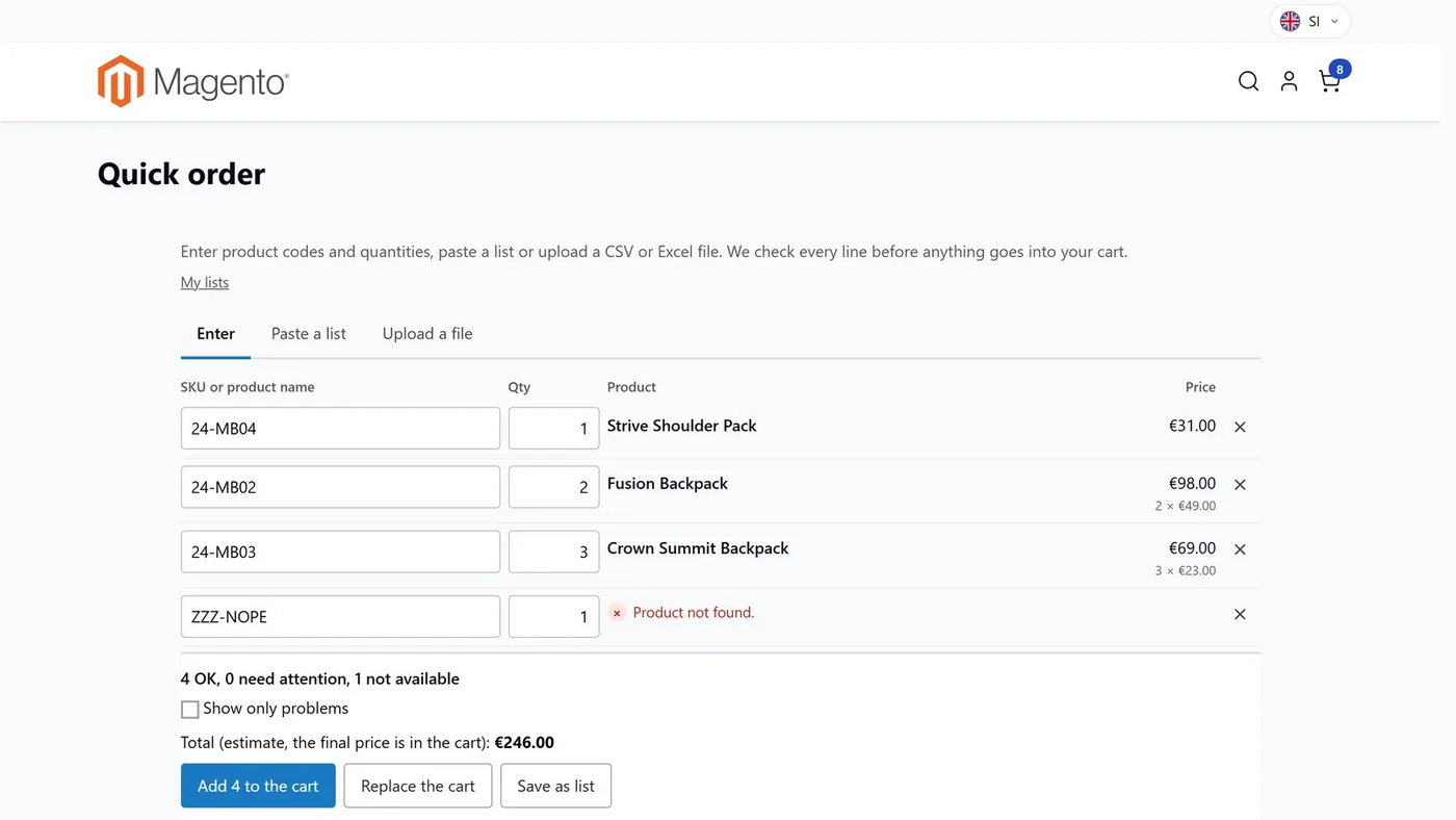 Quick order with a pasted list: every line has a product and a price or the reason why it cannot be added