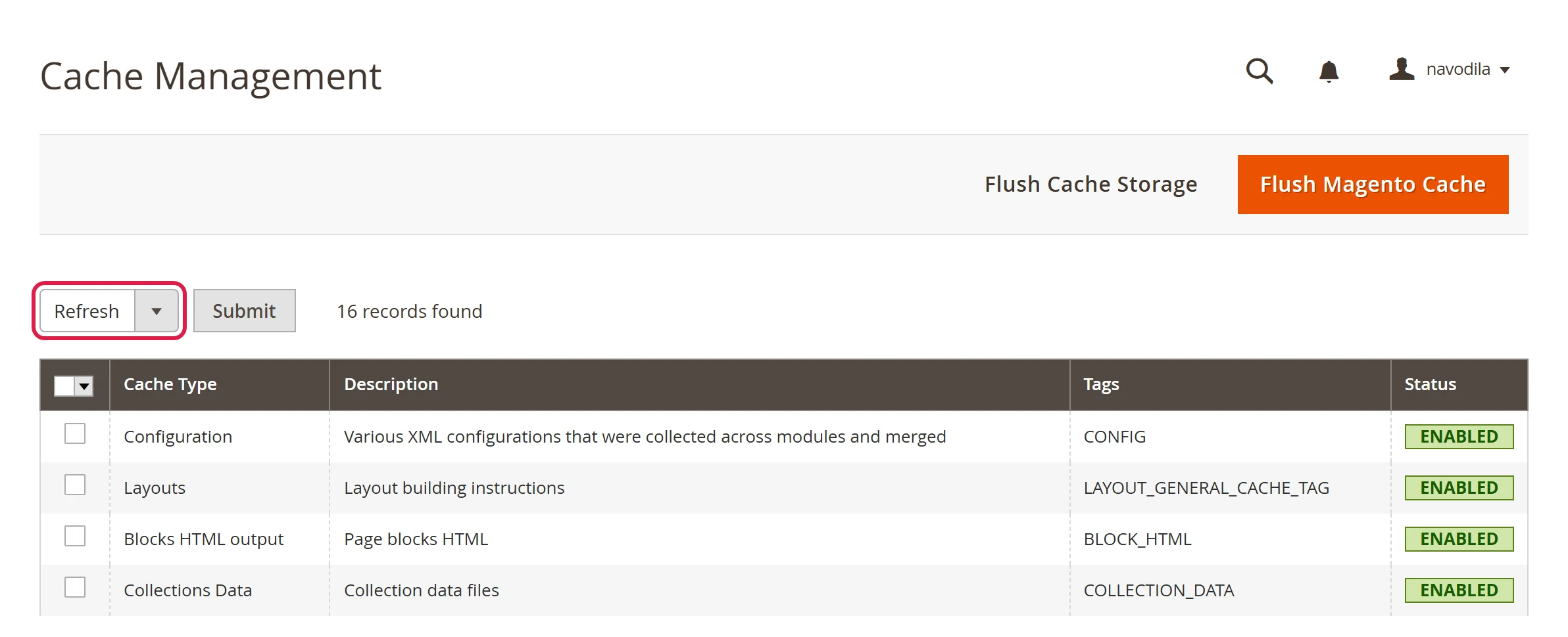 The Cache Management page with the actions drop-down