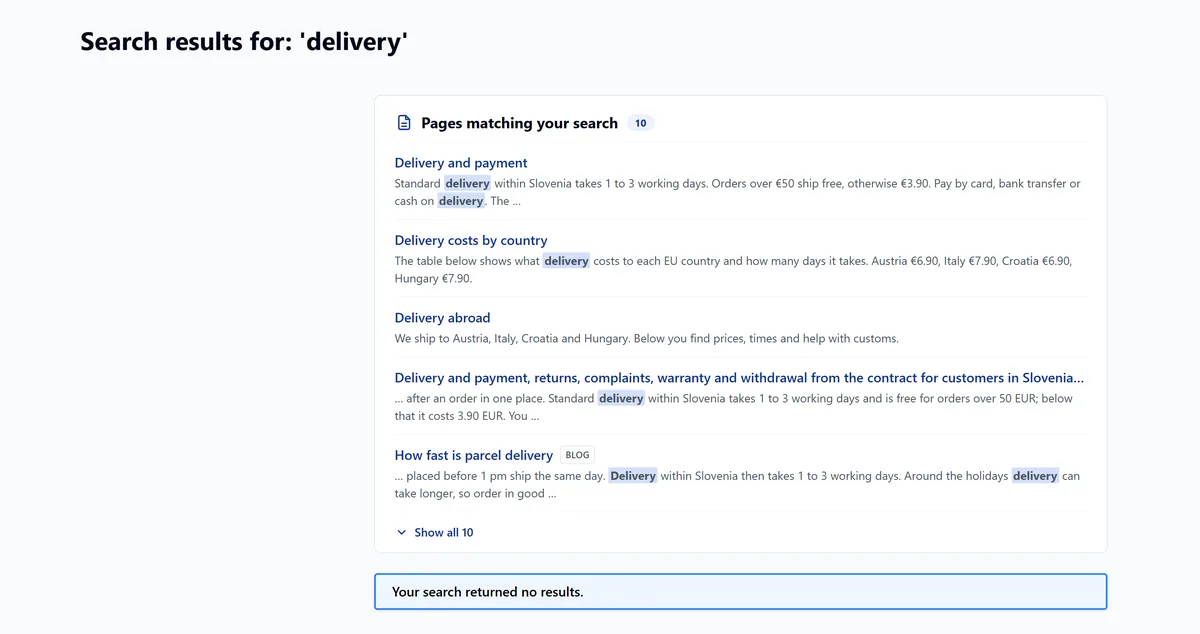 Search for delivery without products: the pages block above the no-results message, a blog post with the Blog label