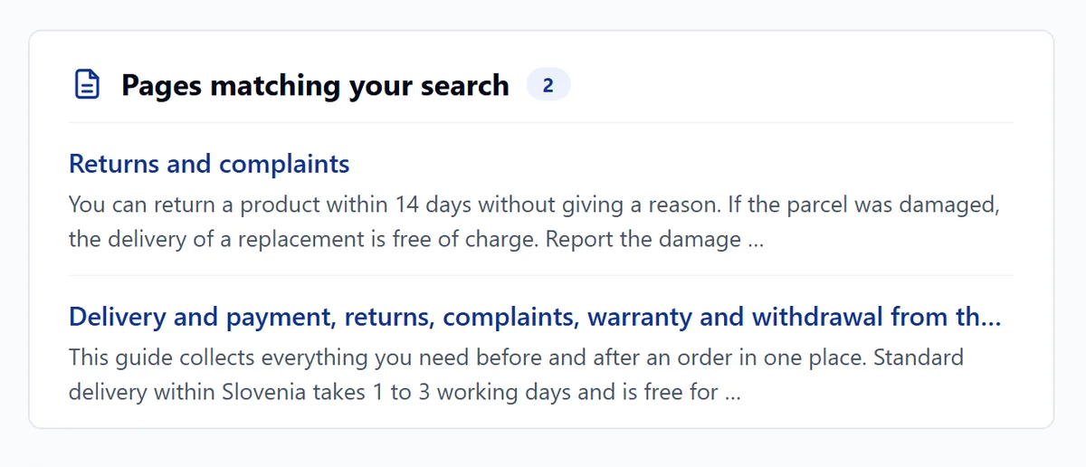 A search for RETURNS in capitals finds the Returns and complaints page