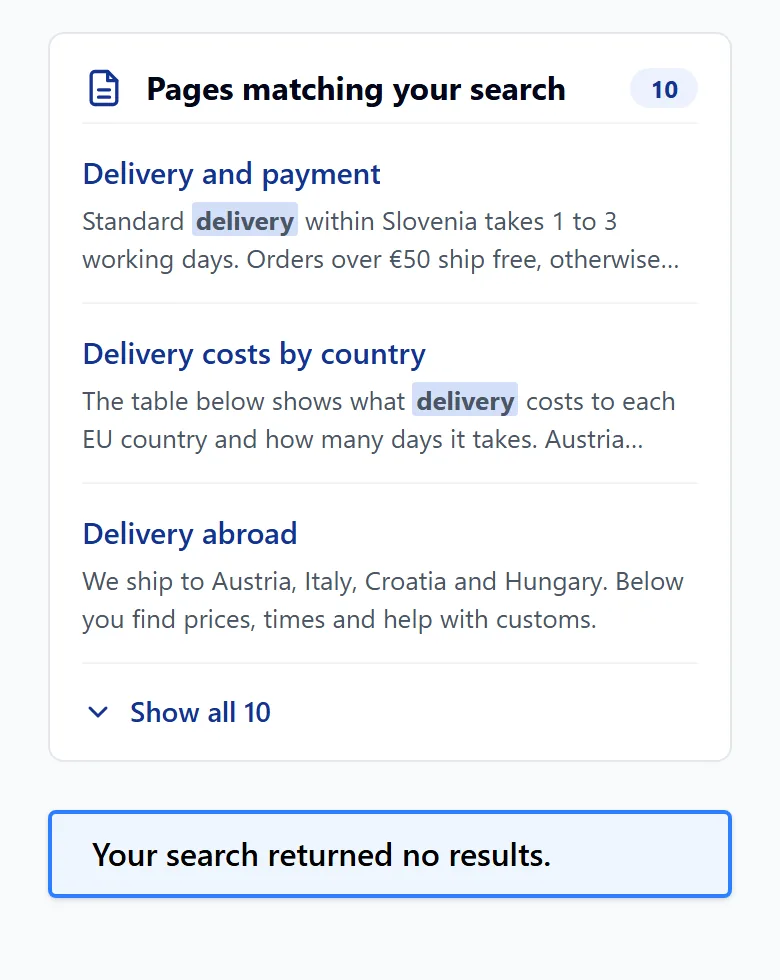 The pages block on a phone: three results and the Show all link