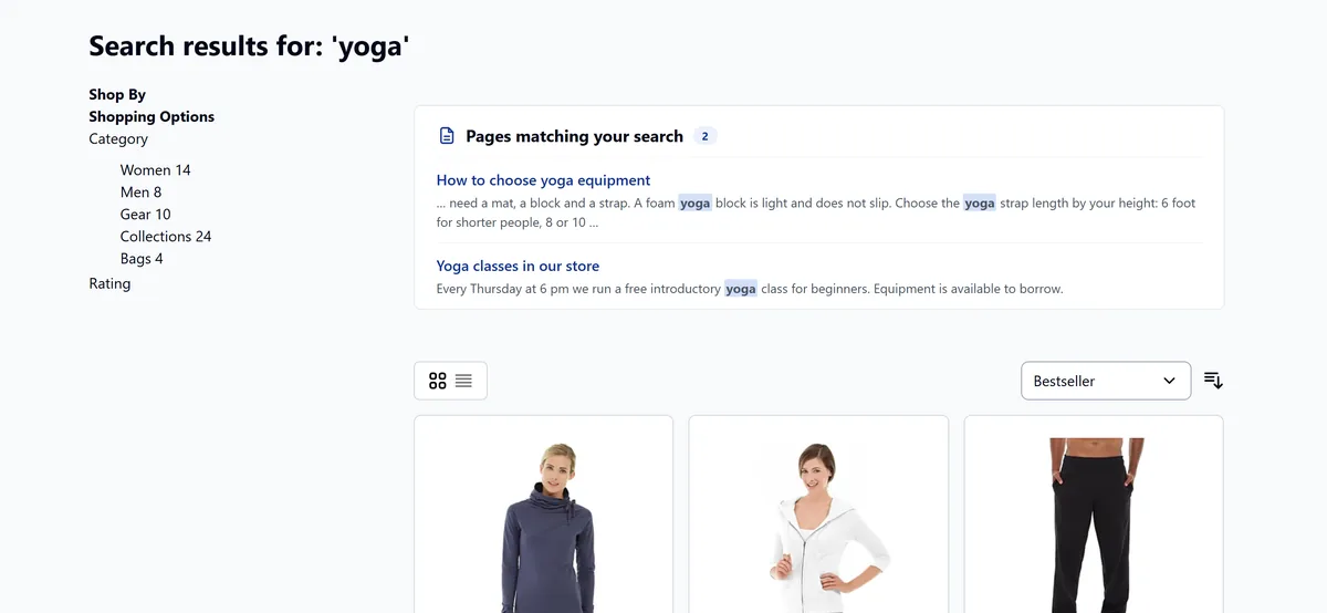 Search results for yoga: the pages block above the products, two pages with an excerpt and the term highlighted