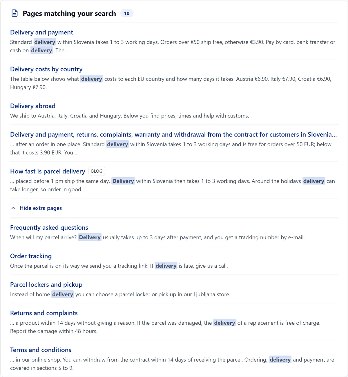 Expanded pages block: the first 5 results and, under Hide extra pages, the rest
