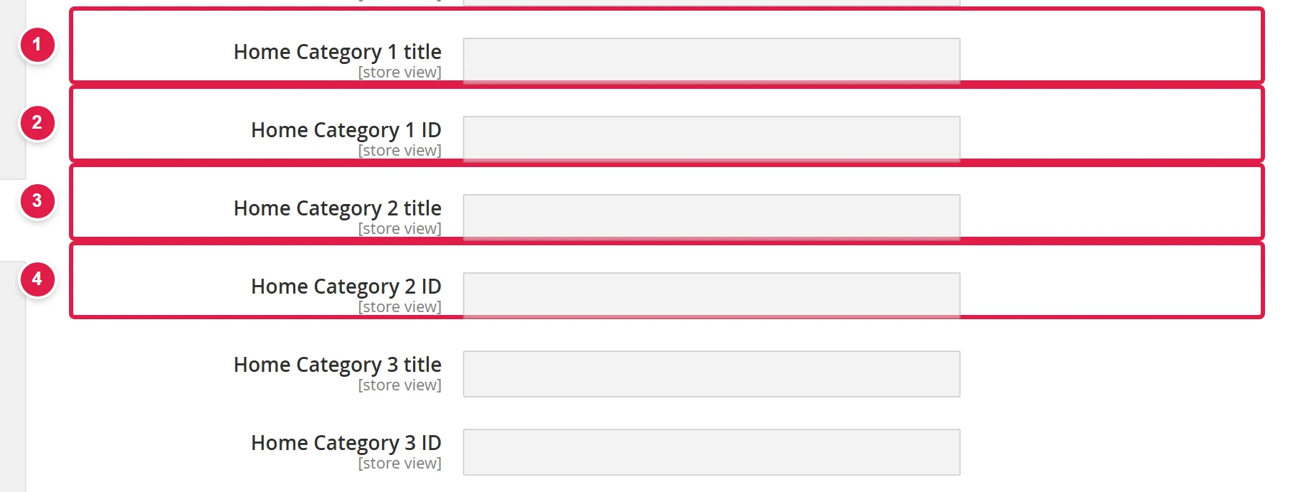 Home settings with the titles and IDs of the home categories
