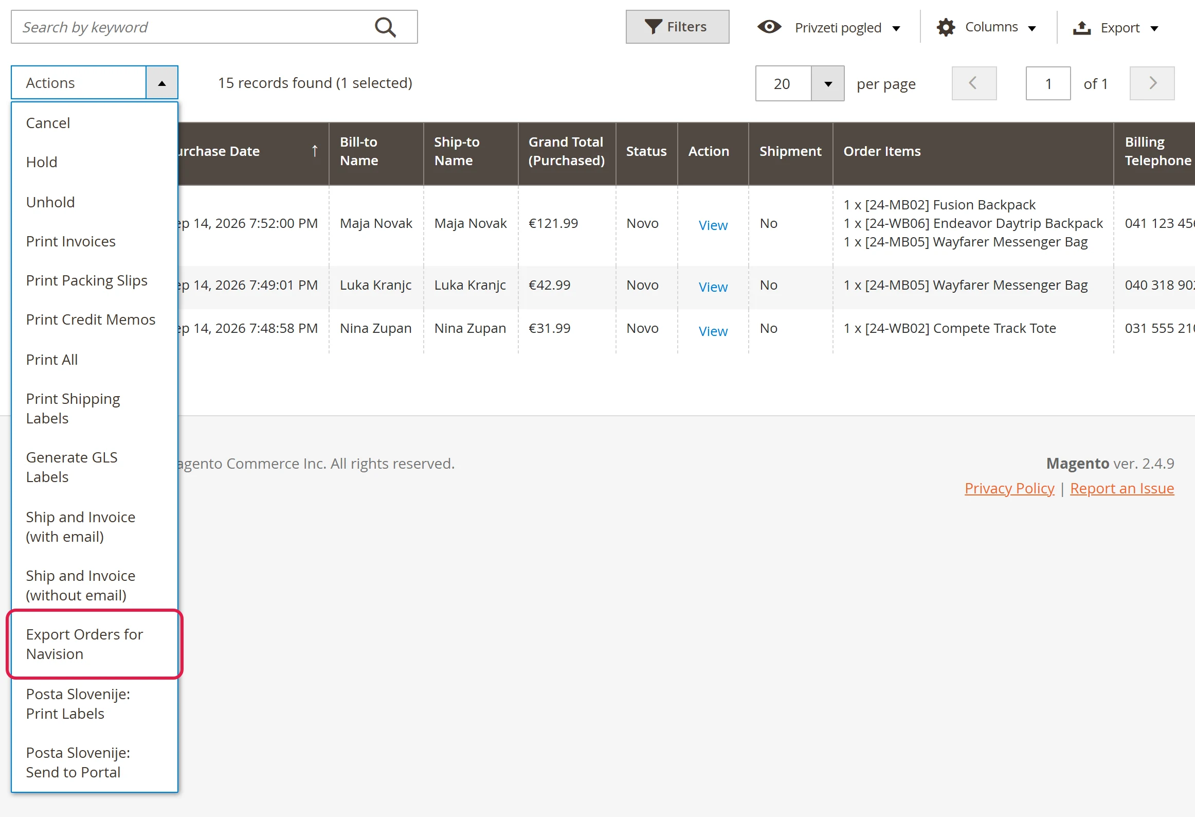 The order grid with the Actions menu open and the Export Orders for Navision action