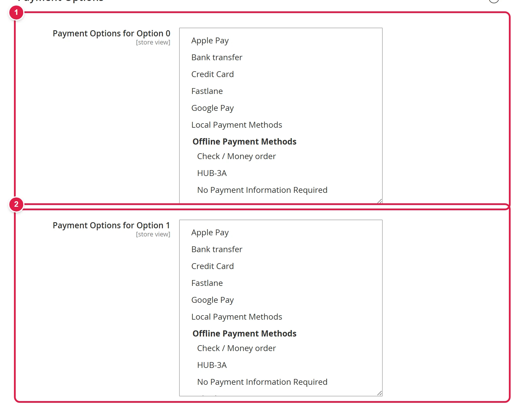 The Payment Options section in the Navision XML settings with two lists