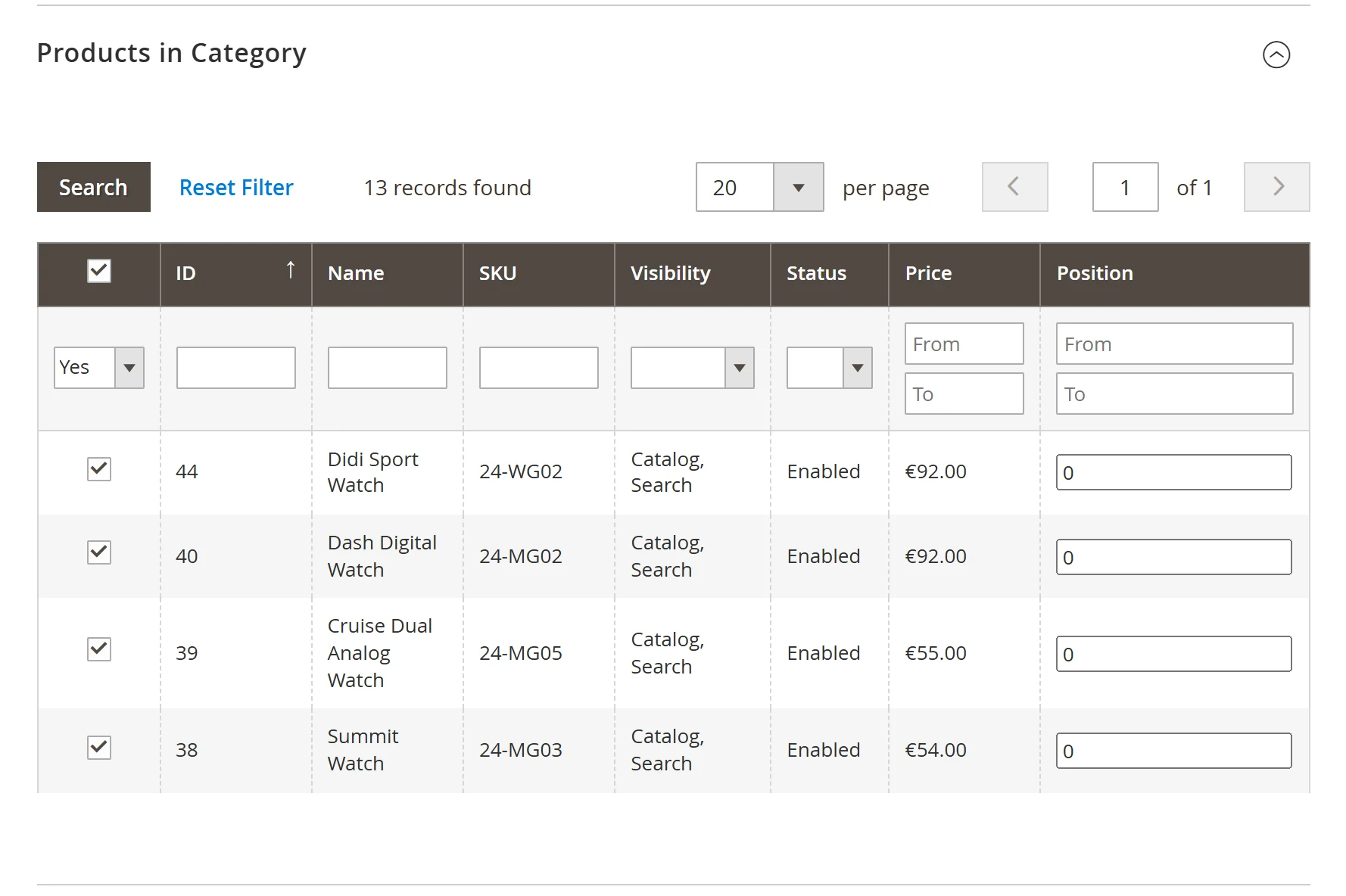 List of products in a category with tick boxes and the Position field