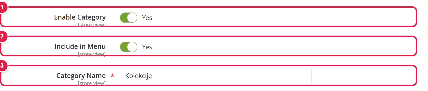 Enable Category, Include in Menu and Category Name fields