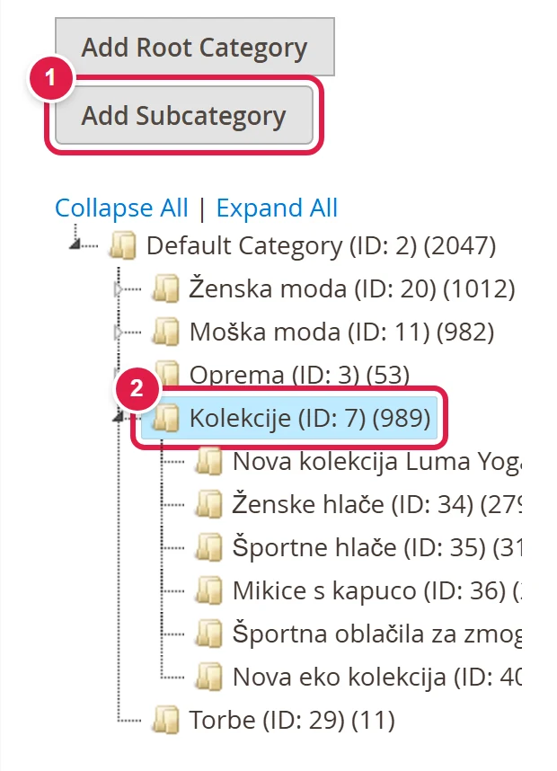 Category tree with the add buttons